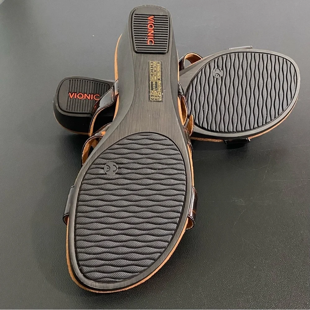 New Vionic Radia Wedge Heel Sandals Size 10 Tortoise Shell Black Brown Ajustable